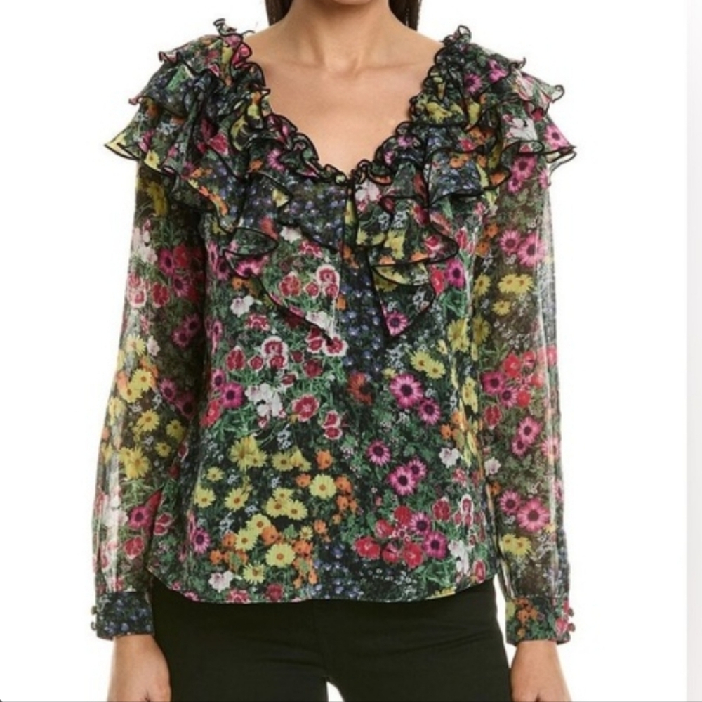 Ted Baker Amall Chiffon Floral Ruffle Neckline Fairycore Feminine Blouse